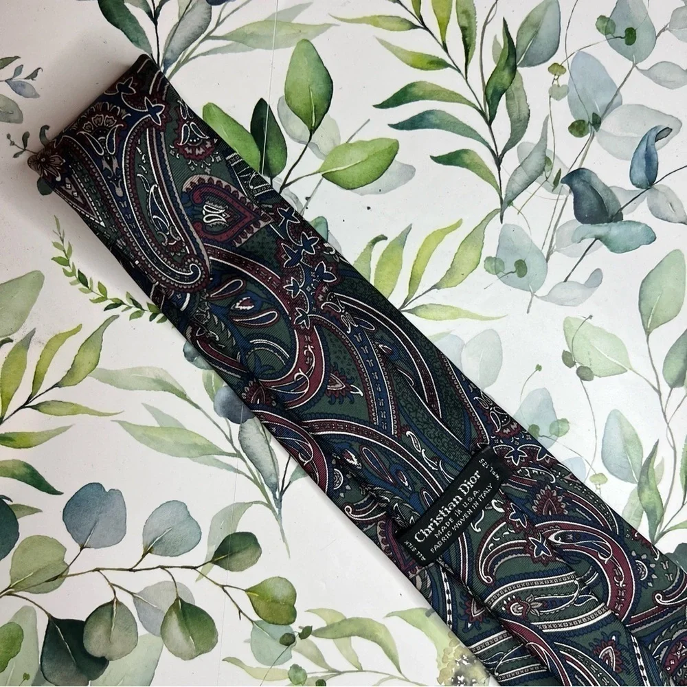 Christian Dior Green Paisley Print Silk Neck Tie